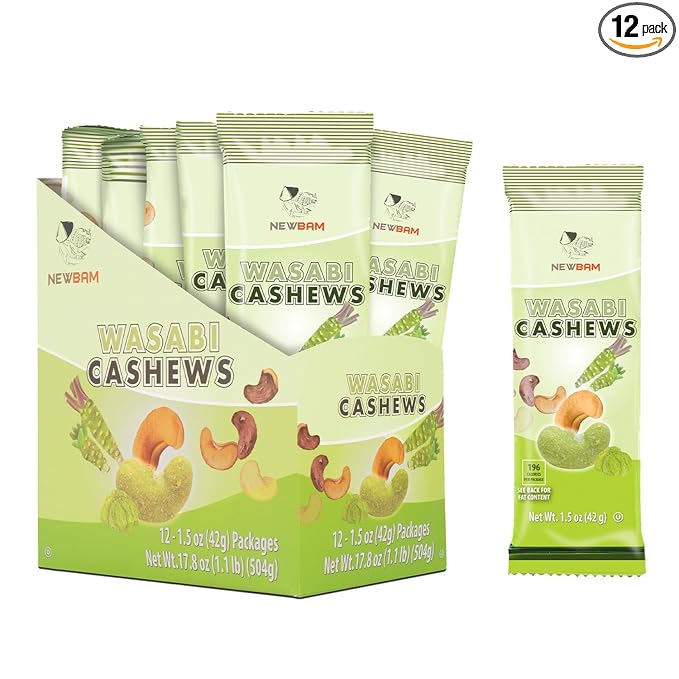 NEWBAM Wasabi Cashews Individual Packs - 12 Cashew Snack Packs Roasted Nuts (1.5oz Each) – Keto, Vegan - Healthy Snacks for Trail Mix, Office, or Party - Bold Flavor, Low Sugar