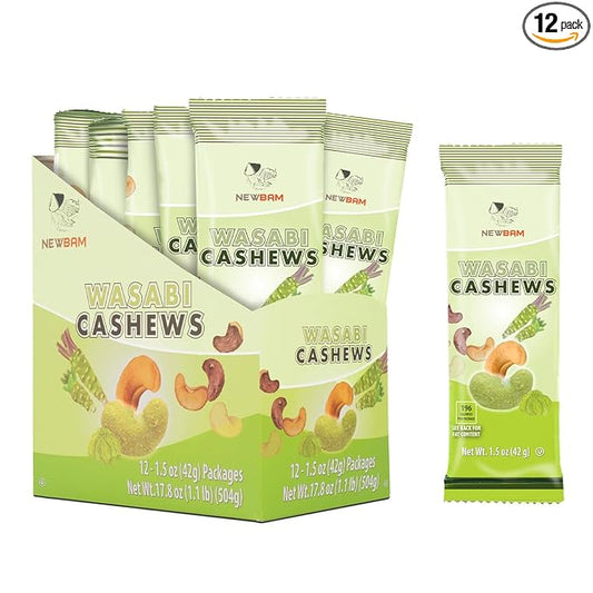 NEWBAM Wasabi Cashews Individual Packs - 12 Cashew Snack Packs Roasted Nuts (1.5oz Each) – Keto, Vegan - Healthy Snacks for Trail Mix, Office, or Party - Bold Flavor, Low Sugar