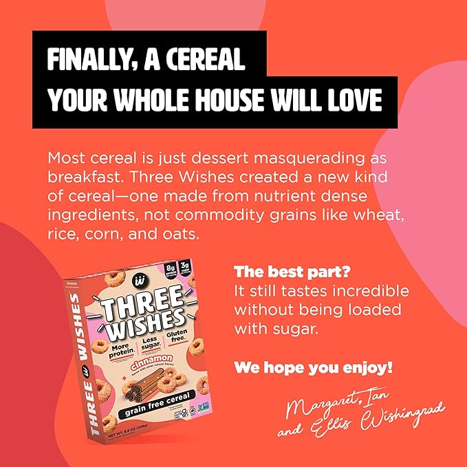 Three Wishes Grain-Free & Protein Cereal - Healthy, Low Sugar & Gluten-Free Breakfast Cereal - Low Carb, Plant-Based, Vegan & Non-GMO - Cinnamon, 6-Pack