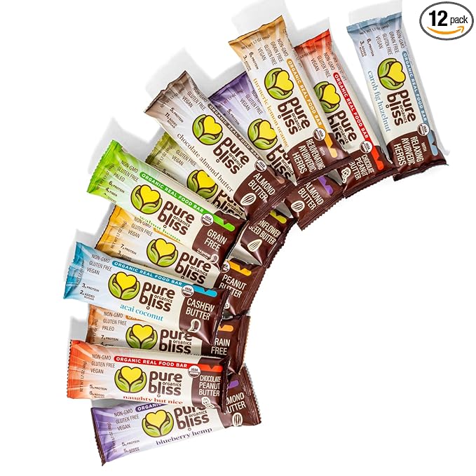 Organic Real Food Bars - Variety Pack (2 of Each Flavor, 12 Bars Total) - USDA Certified Organic, Non-GMO, Gluten Free, Vegan, Energy & Nutrition Bars, Superfood Ingredients, Healthy Snack, Breakfast Bars, Dairy Free, Soy Free - Pure Bliss Organics (1....