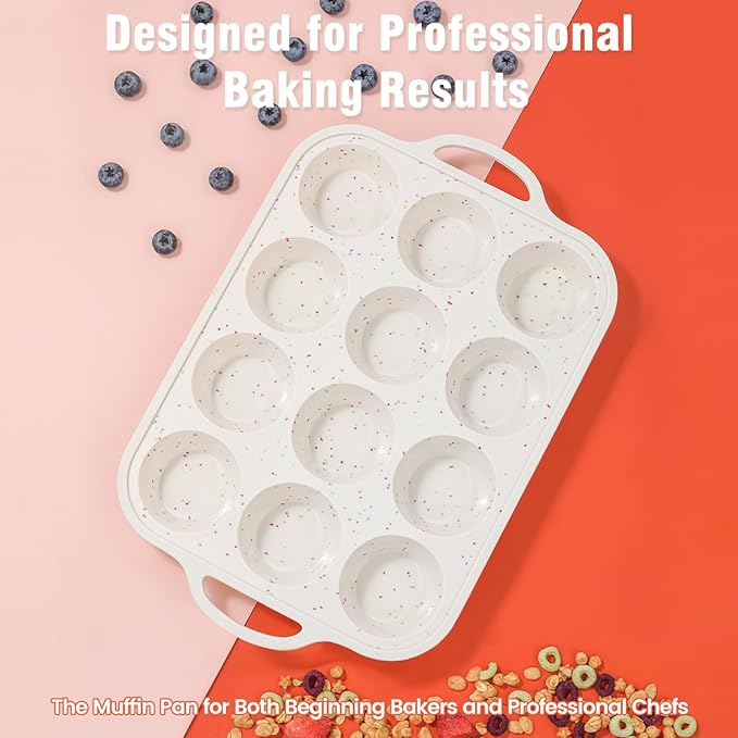 Fimary Silicone Muffin Pans for Baking 1 Pack, 2.8 Inch with Metal Reinforced Frame, Regular Size Nonstick Silicone Cupcake Pan 12 Cups for Baking Homemade Muffins, Cupcakes, Dishwasher Safe BPA Free