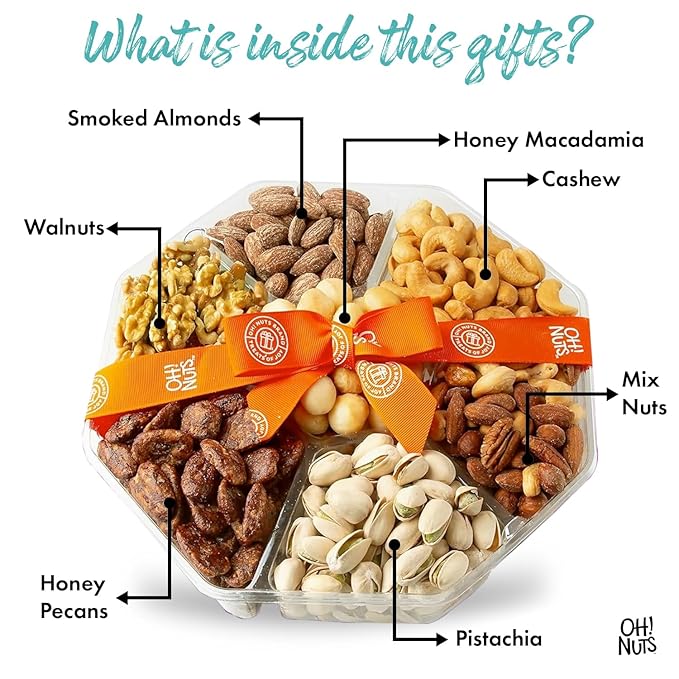 Oh! Nuts 7 Variety Nuts Gift Basket - Healthy Food Assorted Nuts Gifts Baskets - Holiday Gourmet Gift Boxes - Gift Box Ideas for Birthday, Corporate, Men and Women - Large Premium