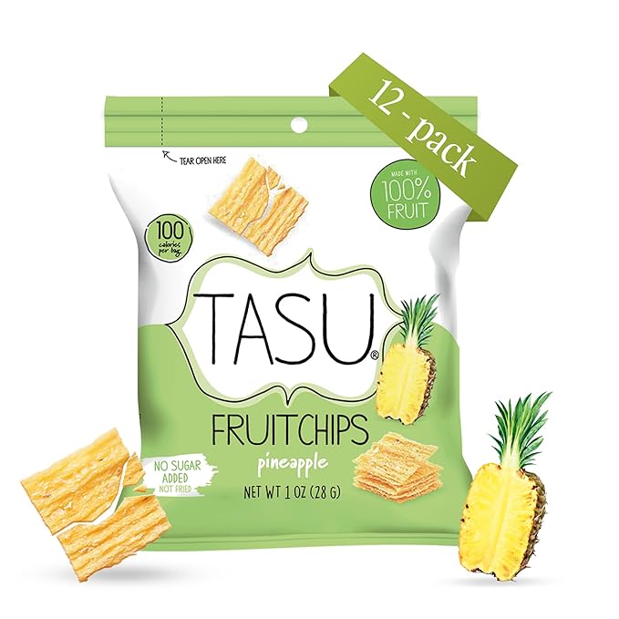 TASU Pineapple Dried Fruit Chips - 100% Natural, Crispy, Crunchy, and Allergen-Free Healthy Snacks for Kids & Adults, Vegan, Gluten-Free, No Added Sugar, No Oils Added, Perfect for Lunch Bags and On-the-Go Snacks | 12 Pack (1 Oz Each)