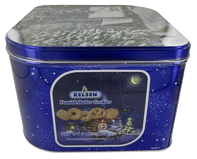 Danish cookie (Kelsen).Kelsen Danish Butter Cookies in Decorative Holiday Tin, 80 Ounce (300 Cookies). Christmas Butter Cookies 5 Lb . Best Holiday Present For Friends, Entire Family, Corporate, Clients, Coworkers, Schools. Come With Maryse's Place Hol...