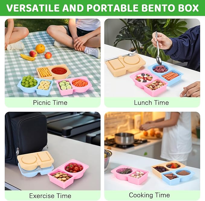 3 PCS Reusable Silicone Snack Containers with Lids Double Compartment Snack Box Container for Food Traval Teens Adults (Pink&Yellow&Blue, 3P)