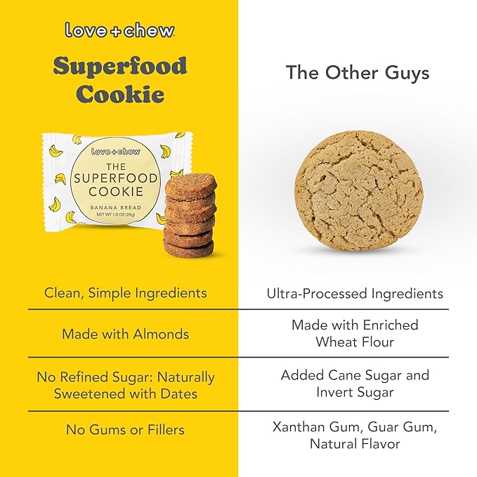 Love + Chew Superfood Soft Baked MINI Cookies, Banana Bread & Cherry Almond, Plant Based Cookie With Almonds, Fruit, & Chia Seeds for Kids & Adults, Vegan Snacks, Gluten Free, Paleo, Non GMO, 16 Pack