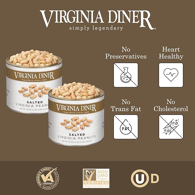 Virginia Diner Natural Extra Large Virginia Peanuts Blister Roasted Gourmet Snack or Gift 36oz (2 Pack) Salted