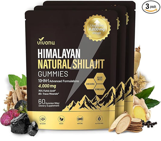 Shilajit Gummies, Shilajit for Men & Women | 4000mg High Potency 10-in-1 Formula with Pure Himalayan Shilajit, Ashwagandha, and 75% Fulvic Acid | Sugar-Free Vegan, 85+ Trace Minerals