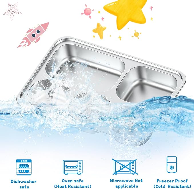 Stainless Steel Divided Plate for Kids Toddler, Non Toxic Portion Control Plate Dinner Plate with Lid for Adults Weight Loss, 2 Pack 5 Sections Rectangular Snack Plate Tray
