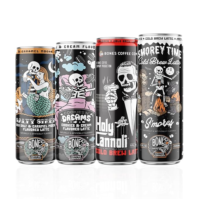 Bones Coffee Company Variety Pack Flavored Coffee, S'morey Time, Salty Siren, Holy Cannoli and Cookies N' Dreams Ready To Drink Latte Coffee in Can | Variety Flavors in Cans | 11 Fl Oz Can (12 Pack)