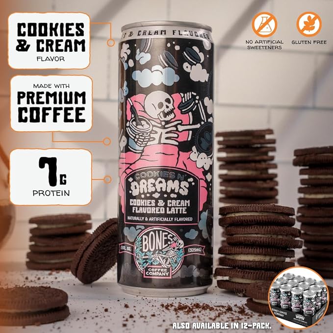 Bones Coffee Company Cookies N' Dreams Latte Flavored Coffee, Medium Roast Ready To Drink Iced Coffee in Can, 11 Fl Oz Can (12 Pack)