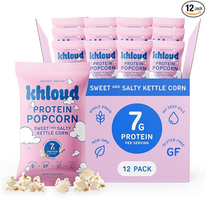 Khloud Protein Popcorn - Sweet & Salty Kettle Corn - 7g Protein Snacks for Adults & Kids - Flavored Popcorn Made with Real Ingredients & Milk Protein Isolate - Non-GMO, Gluten-Free, Kosher - 5oz, 12pk