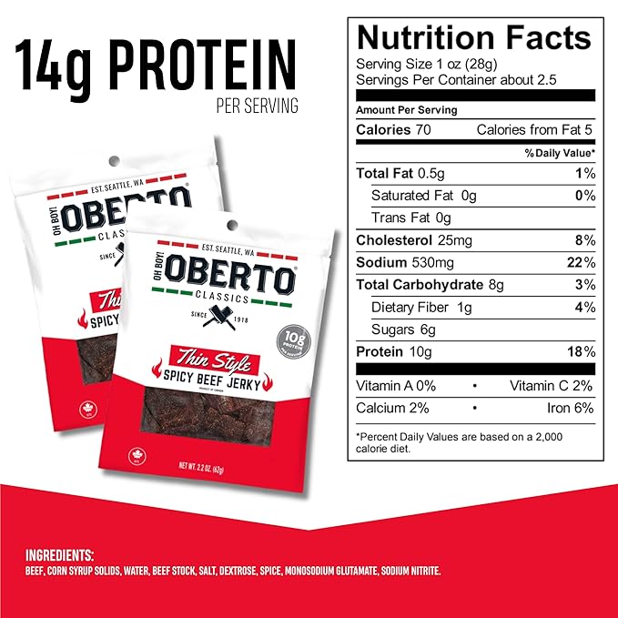 Oberto Classics Thin Style Beef Jerky, Spicy Flavor, No Artificial Ingredients, High Protein, Gluten Free, Wood Smoked, Premium Steak Beef Jerky High Protein Snacks, 2.2 Ounce (Pack of 8)