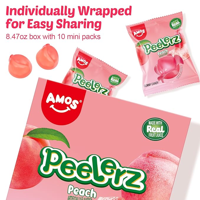 AMOS Peelerz Gummy Peach Candy, Peelable Fruit-Shaped Candy, 8.47oz Box with 10 Individual Packs – Fun Peeling Gummy Snack Made with Real Juice