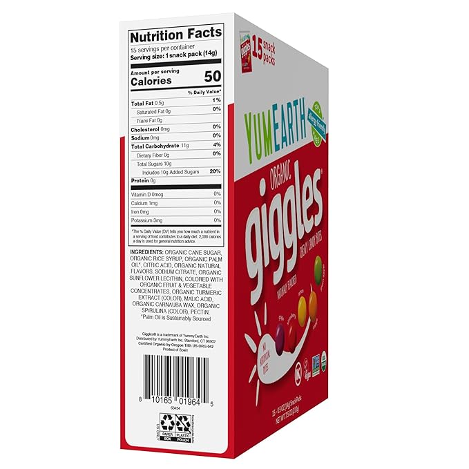 YumEarth Organic Giggles Chewy Candy – Allergy Friendly, No Artificial Dyes, Non GMO, Gluten Free, Fruit Flavored, Vegan Candy Snacks 0.5 oz (Box of 15)