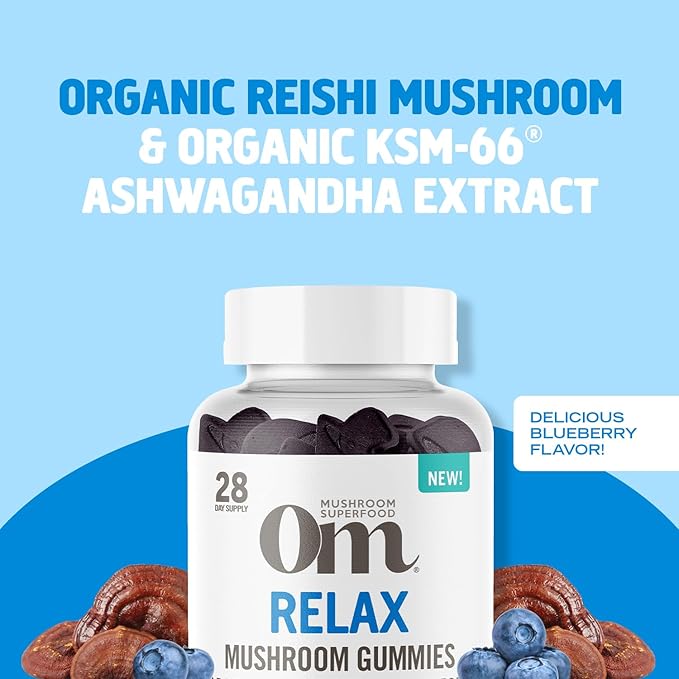 OM MUSHROOM SUPERFOOD Relax Gummies – USA Grown Organic Reishi & Ashwagandha – Supports Stress Relief, Relaxation & Mood Support – Blueberry Flavor – 28 Servings, 56 Count.