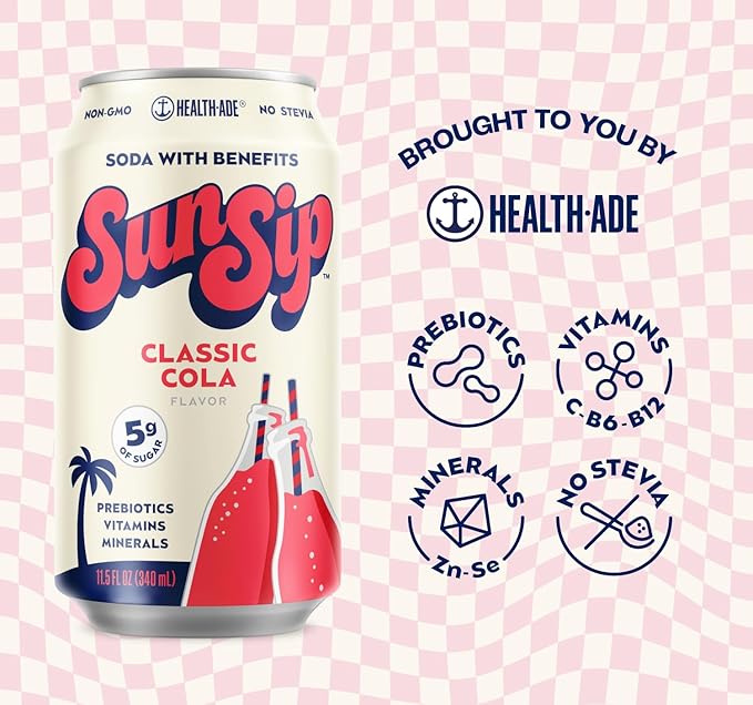 SunSip Prebiotic Soda by Health-Ade, Gut-Healthy Beverage, Soda Swap, Vitamins & Minerals, Naturally Sweetened with 6g of Sugar, Classic Cola, 11.5 oz (12 Pack)