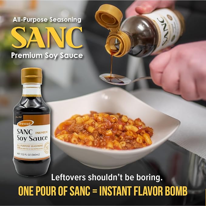 SANC All Purpose Premium Soy Sauce, 12.2 Fl Oz (Upgraded Version) – No high fructose corn syrup, Less-Sodium Salt Substitute, NON-GMO Bean, No Artificial Additives, Naturally Brewed Soy Sauce