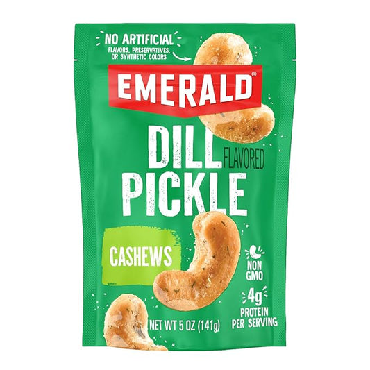 Emerald Nuts Dill Pickle Seasoned Cashews (1-Pack), 5oz Resealable Bag, Non-GMO, Contains No Artificial Preservatives, Flavors or Synthetic Colors