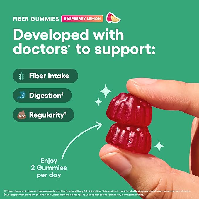 Physician’s Choice Fiber Gummies for Digestive Health & Regularity - Raspberry Lemon Flavor - No Sugar Added & Vegan - Natural Chicory Root Prebiotic Fiber - Daily Gummy for Adults, Women & Men - 60CT