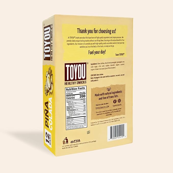 ToYou Gluten Free Chewy Fruit and Nut Bars - Healthy Protein Snacks | Piña Colada - 1.41 Ounce (Pack of 12) | Soft Chewy, Vegan, Fiber-Packed Granola Bars for Adults and Kids, Made with Natural Ingredients