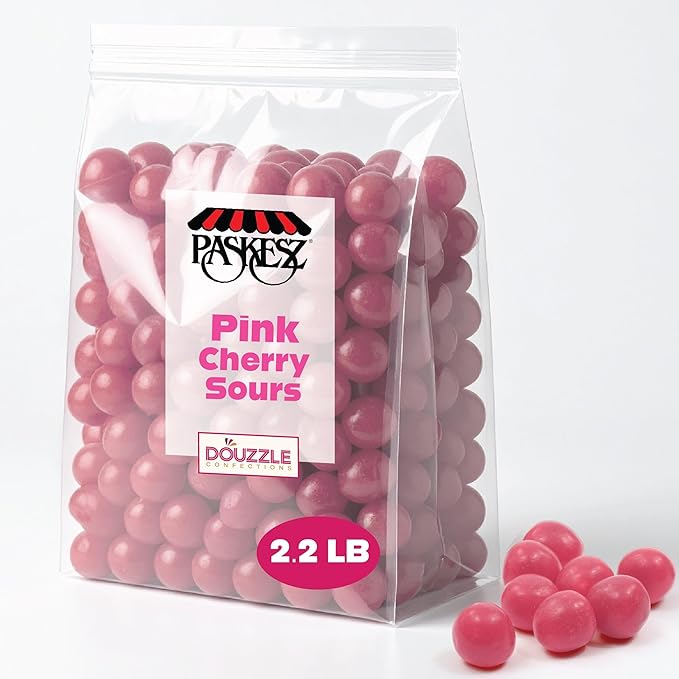 DOUzzle Valentines Day Sweet Treats, Cherry Sours Pink Candy Balls, Bulk Chewy Candies for Machine Refills (2.2 LB, 1 Pack) Party Favor - Gluten & Nut Free, Kosher Parve