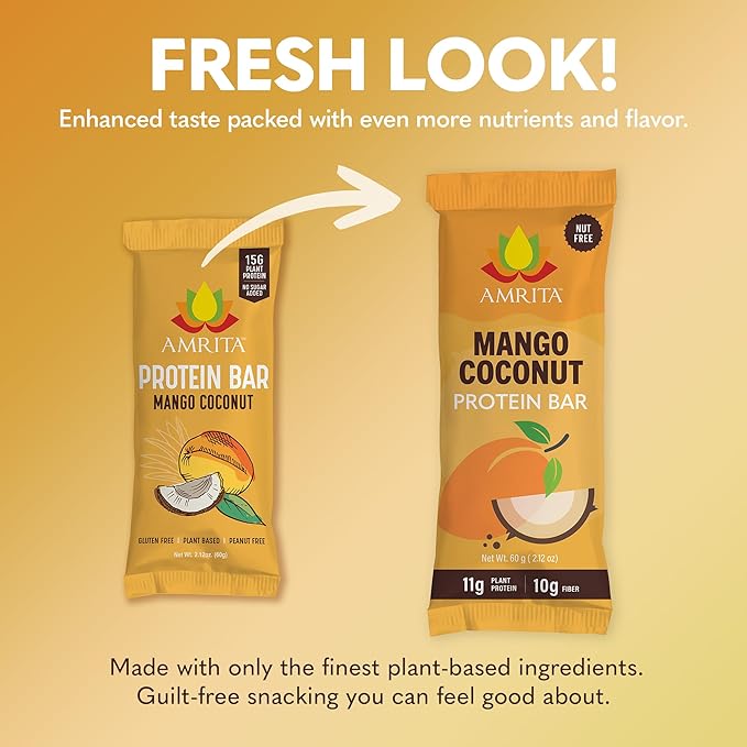 Amrita Mango Coconut High Protein Bars, 15g Plant Based Protein, Gluten-Free, Dairy-Free, Nut-Free, Low-Sugar Meal Replacement Bars, Vegan Snacks, 12 Bars