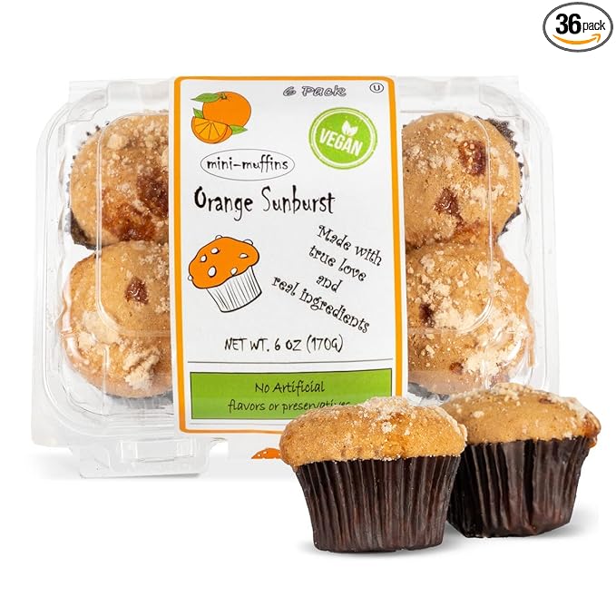 DIJAS Natural Foods Plant-Based 36-Vegan Mini Muffins ONLY $0.97-oz! Natural and Preservative Free Ingredients, Delicious Snack and Breakfast (36 Muffins) (Orange Sunburst)