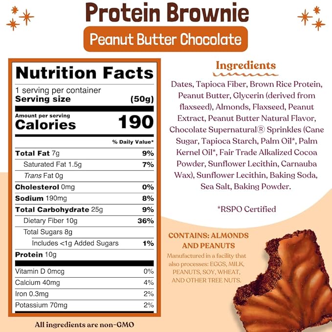 Elavi Peanut Butter Chocolate Protein Brownie, 10g Protein, 10g Fiber, Non-Dairy, Vegan & Gluten Free, Guilt-Free Snack | No Added Sugar, No Sugar Alcohols, Kid Friendly (8 pack)