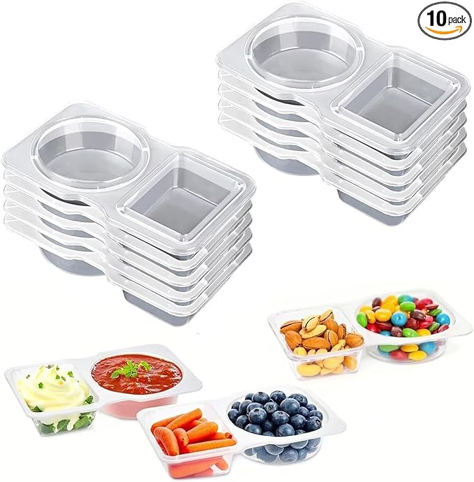 10pcs Reusable Snack Containers with Lids,2025 New 2 Compartment Plastic Containers for Pack Snacks,Leakproof Double Compartment Condiment Pack for Meal Prep, Portion Control,On-the-Go School Travel