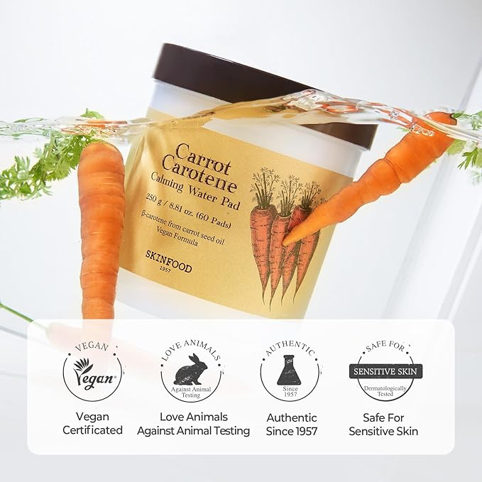 SKINFOOD Carrot Carotene Toner Pads, Hydrating & Soothing for Dry Skin, Instant Cooling, After Sun & Heat Care, Cotton Facial Toner Pads, Korean Skincare for Face (60 Counts)