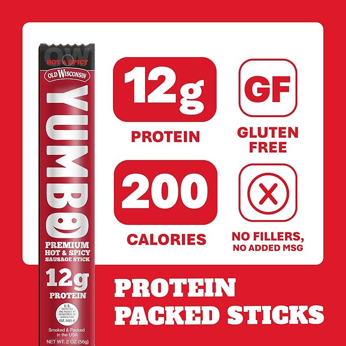 Old Wisconsin Yumbo Summer Sausage Snack Sticks, Ready to Eat, High Protein, Low Carb, Keto, Gluten Free, 20 Individually Wrapped 2oz Sticks, Hot & Spicy Flavor