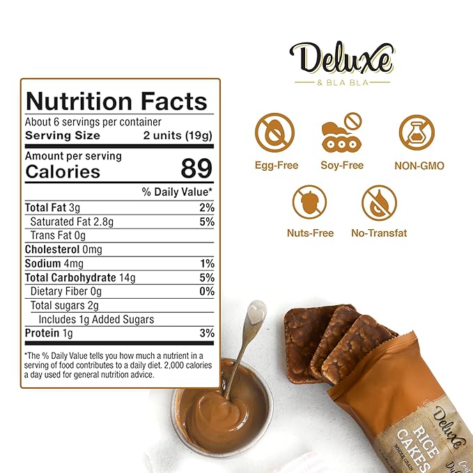 Deluxe & Bla Bla Thin and Crispy Dulce De Leche Coated Rice Cakes, Kosher Certified Dairy, Gluten Free, Nuts Free Snack (Pack of 3, dulce de leche)