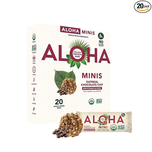 ALOHA Organic Plant Based Protein Bar MINIS | Oatmeal Chocolate Chip | GLP-1 Friendly, 20 Count, 24g Bars | Vegan, Low Sugar, Gluten Free, Low Carb, Non-GMO, No Stevia, No Soy, No Sugar Alcohols