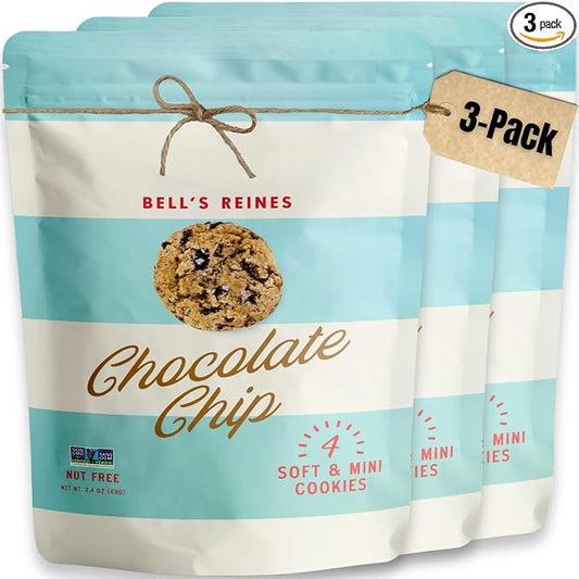 Bell's Reines Chocolate Chip Cookies With Sea Salt, Soft Gourmet Small Batch, Healthy Snacks, Bakery Fresh 4 Cookie Snack Packs, 3-Pack
