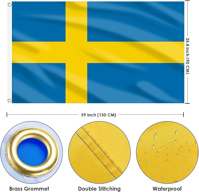 AhfuLife Swedish flag Sweden Flag 3x5 Ft, Large Swedish National Flags for Outside - Double Side with Brass Eyelets for Olympic Party Decorations, Bar Garden Street Decoration Indoor Outdoor