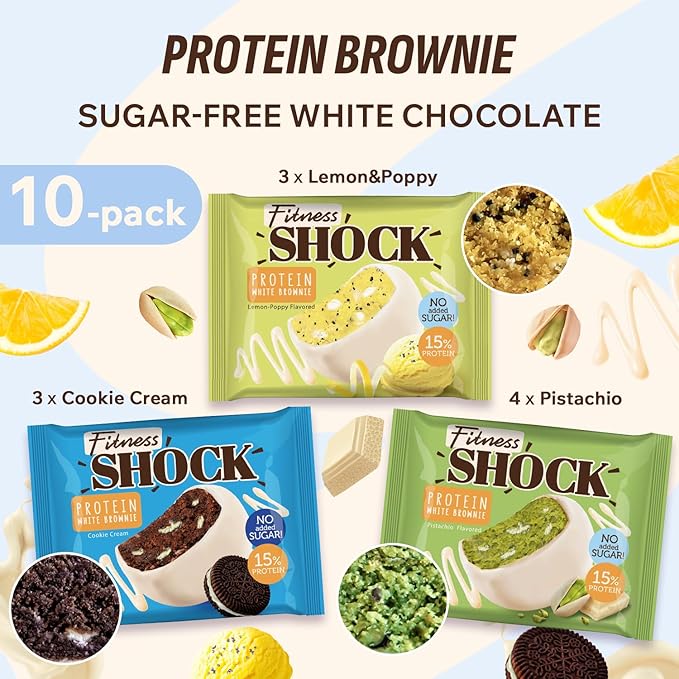 FitnesSHOCK Protein Brownie Variety Pack – White Chocolate Coated Snack – Pistachio, Cookie Cream & Lemon Poppy – No Added Sugar, 15% Protein - Dessert Alternative – 10x50g
