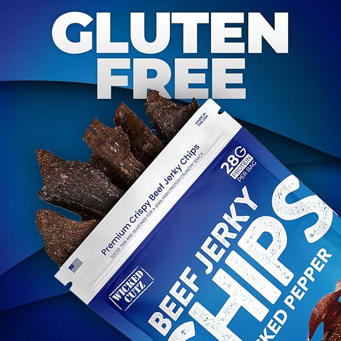 Wicked Cutz Cracked Pepper Beef Jerky Chips, 28g Protein per Bag, Crispy & Crunchy Beef Jerky Crisps, USA Made Pepper Flavored Chips, High Protein Carnivore Snacks (2 Bags)