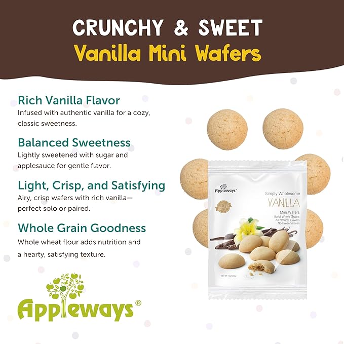 Mini Vanilla Wafers Cookies 20 Count (1 oz Each) - Individually Wrapped Kids Snacks, Whole Grain & Nut-Free Adult Snack Packs, Smart Snack Approved, Bulk Snacks for Schools, Grab & Go by Appleways