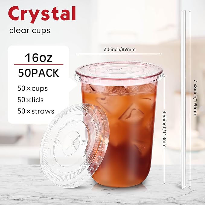 Ziliny 50 Sets Clear Plastic Cups with Lids and Straws, Disposable Iced Coffee Cups Drinking PET for Cold Drinks, Juice, Smoothie, Coffee Shops, Party, Christmas(Pink,16 oz)
