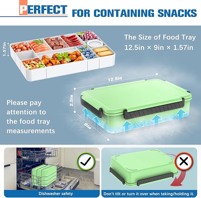Chilled Portable Snackle Box Container Insulated Bag Keep Food Warm 12 Compartment Divided Serving Tray Reusable Ice Pack Road Trip Essentials for Charcuterie Snack Picnic Beach Birthday Gift