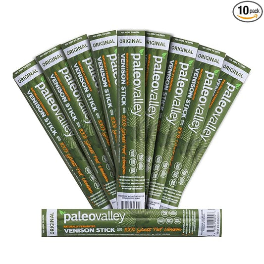 Paleovalley 100% Grass Fed Venison Sticks – 10 Pack – Keto-Friendly, High Protein, Low-Calorie Snack – Omega-3 Rich, Gluten-Free, Nitrate-Free, Naturally Flavored – Healthy On-the-Go Meat Snack