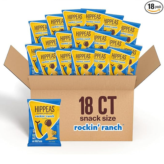 HIPPEAS Chickpea Tortilla Chips, Rockin’ Ranch Gluten Free Snacks, Dairy Free, Vegan, 1oz, Pack of 18, 3g Protein, 3g Fiber, Crunchy, Nutritious, Plant Protein Snack, Non-GMO, Kosher