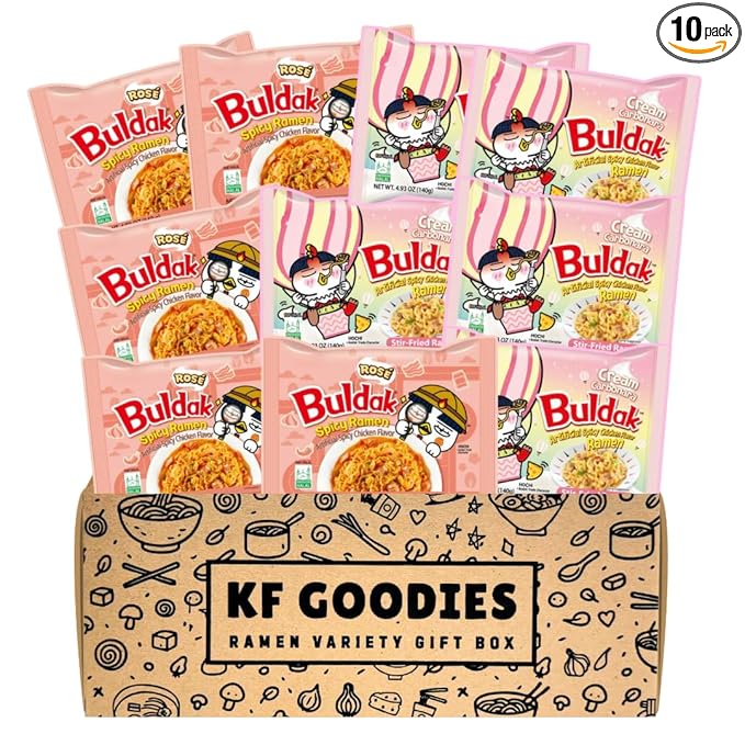 KF GOODIES Korean Ramen Variety Pack Gift Box (10 Count) – Spicy Buldak Noodle Assortment for Birthdays, College Care Packages, Office Snacks, and Gift Baskets
