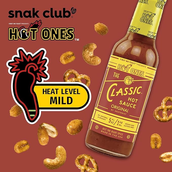 Snak Club x Hot Ones Tangy Chili Snack Mix, Mild Spicy Snacks with Peanuts, Pretzels, Sesame Sticks, Toasted Corn & Cashews, Inspired by Hot Ones Hot Sauce, 10 oz Bag