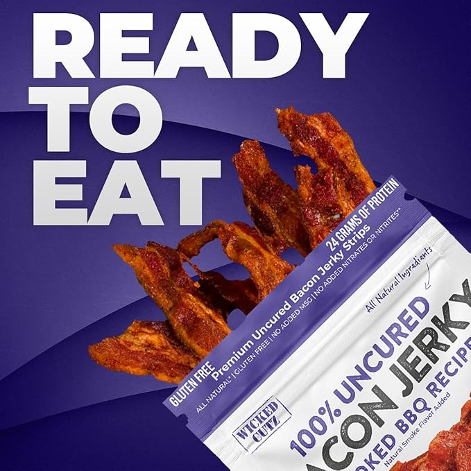 Smoked BBQ Bacon Jerky, 24g Protein Per Bag, Tender & Easy to Chew Fully Cooked Bacon, USA Made High Protein Carnivore Snacks (2 Bags)
