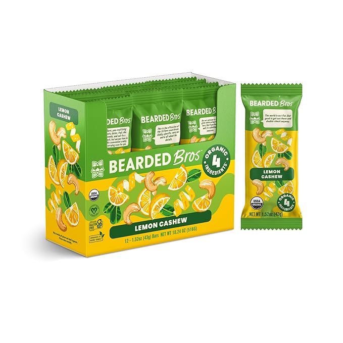 Bearded Brothers Vegan Organic Food Bar - Lemon Cashew, 12 Pack, Gluten Free, Paleo, Fiber, Whole 30 | Non GMO Low Glycemic Snacks (Packaging May Vary)