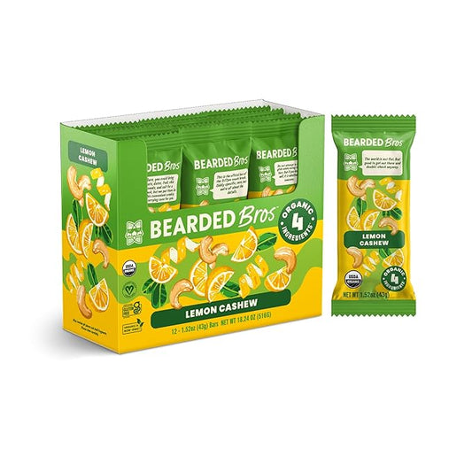 Bearded Brothers Vegan Organic Food Bar - Lemon Cashew, 12 Pack, Gluten Free, Paleo, Fiber, Whole 30 | Non GMO Low Glycemic Snacks (Packaging May Vary)