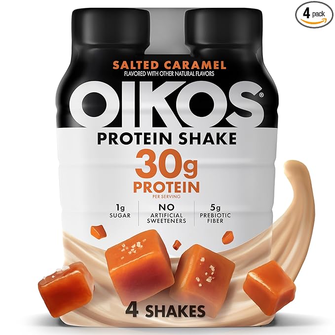 Oikos Protein Shake, Salted Caramel, 30g High Protein Drinks, Shelf Stable, Ready to Drink, 5g Prebiotic Fiber, 12 fl oz Bottle, 4 Count
