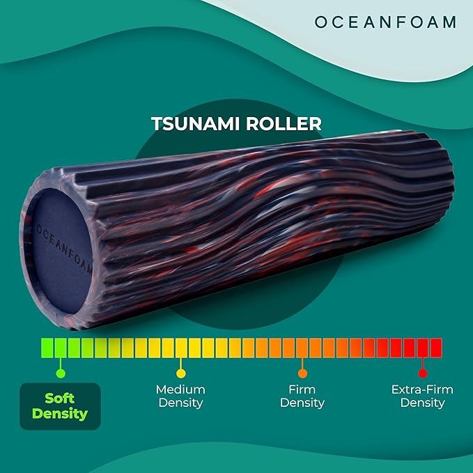 Oceanfoam Tsunami Roller (Dark Navy, Red & Natural Marbled) - Extra-Large, 26" x 5.9" - Soft, Textured Foam Roller for Physical Therapy, Back Pain, Exercise & Stretching - Yoga, Athletics, & Wellness